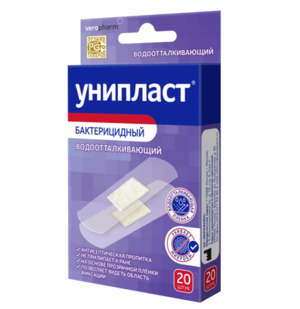 Лейкопластырь бактерицид УНИПЛАСТ прозр водооталк.№20 (Акция за 2уп. скидка 15%)