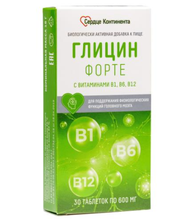 Сердце континента глицин форте с витаминами B1 B6 B12 сердце континента таб. 600мг N30