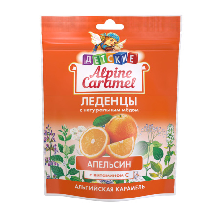 ALPINE CARAMEL АЛЬПИЙСКАЯ КАРАМЕЛЬ ЛЕДЕНЦЫ ДЕТСКИЕ С НАТУРАЛЬНЫМ МЕДОМ И ВИТАМИНОМ С ВКУС АПЕЛЬСИН П